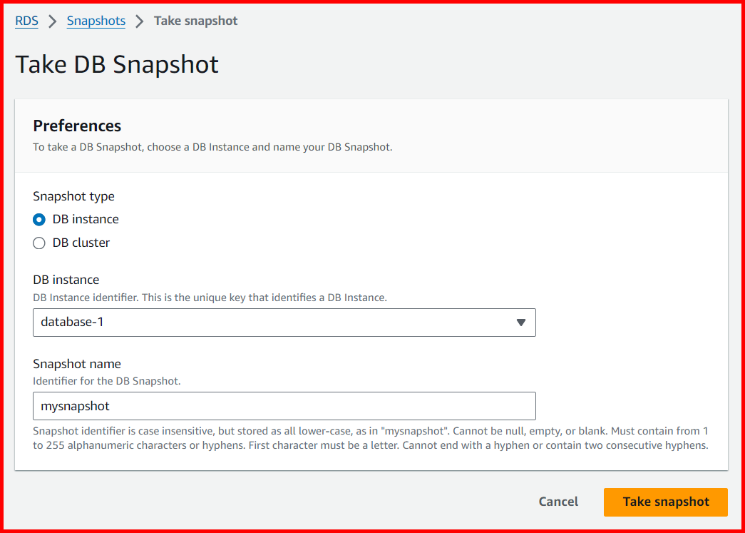 Picture showing the Take DB snapshot window